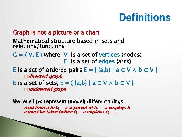 Definitions Graph is not a picture or a chart Mathematical structure based in sets