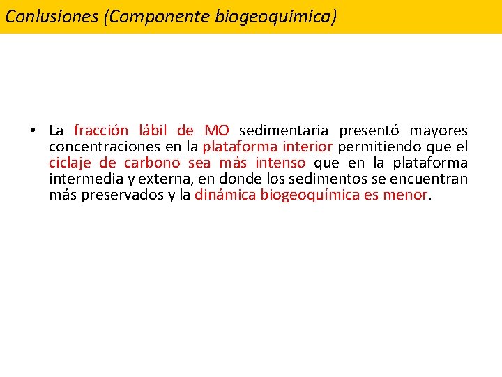 Conlusiones (Componente biogeoquimica) • La fracción lábil de MO sedimentaria presentó mayores concentraciones en