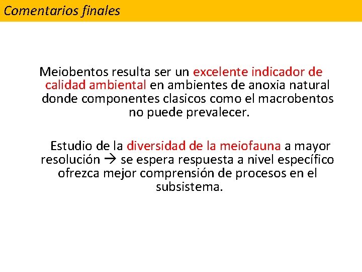 Comentarios finales Meiobentos resulta ser un excelente indicador de calidad ambiental en ambientes de