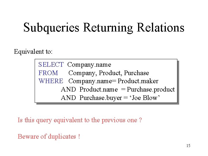Subqueries Returning Relations Equivalent to: SELECT Company. name FROM Company, Product, Purchase WHERE Company.
