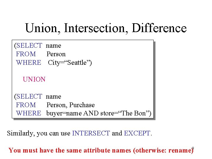 Union, Intersection, Difference (SELECT name FROM Person WHERE City=“Seattle”) UNION (SELECT name FROM Person,