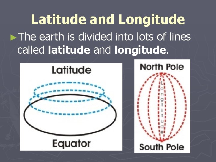 Latitude and Longitude ►The earth is divided into lots of lines called latitude and
