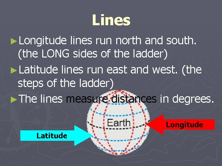 Lines ►Longitude lines run north and south. (the LONG sides of the ladder) ►Latitude