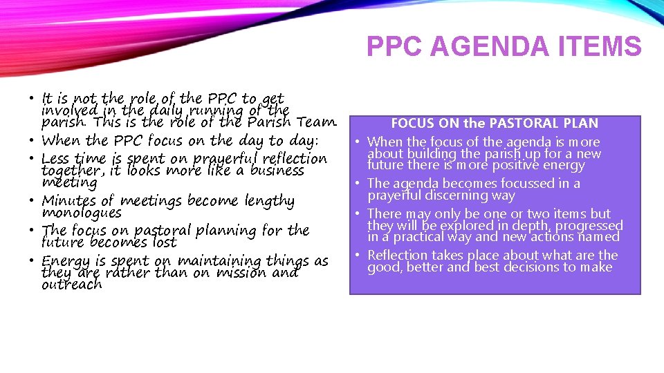 PPC AGENDA ITEMS • It is not the role of the PPC to get