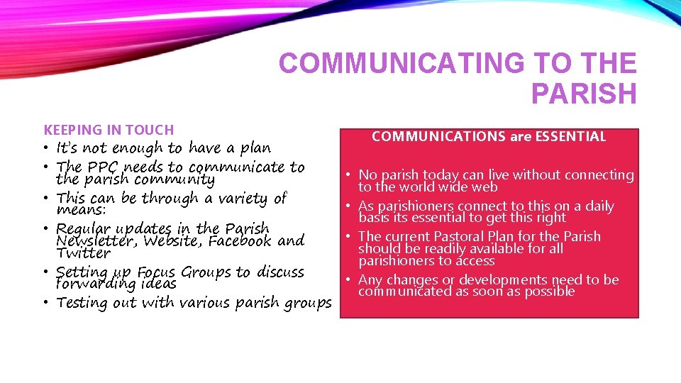 COMMUNICATING TO THE PARISH KEEPING IN TOUCH • It’s not enough to have a