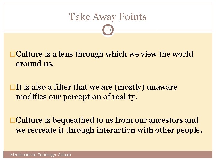 Take Away Points 29 �Culture is a lens through which we view the world