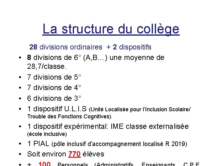 La structure du collège • • • 28 divisions ordinaires + 2 dispositifs 8 La structure du collège • • • 28 divisions ordinaires + 2 dispositifs 8