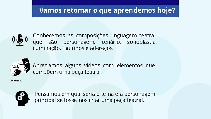 Vamos retomar o que aprendemos hoje? Conhecemos as composições linguagem teatral, que são personagem, Vamos retomar o que aprendemos hoje? Conhecemos as composições linguagem teatral, que são personagem,