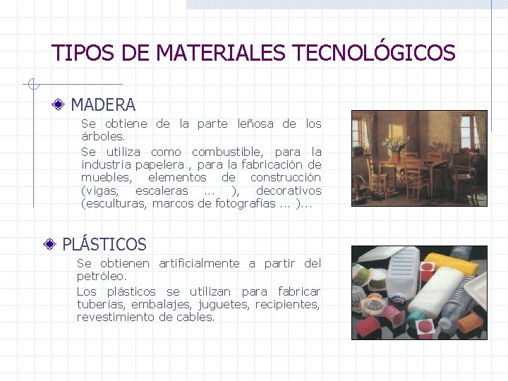 TIPOS DE MATERIALES TECNOLÓGICOS MADERA Se obtiene de la parte leñosa de los árboles.