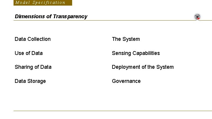 Model Specification Dimensions of Transparency Data Collection The System Use of Data Sensing Capabilities