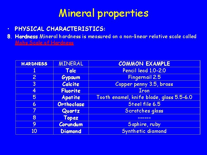 Mineral properties • PHYSICAL CHARACTERISTICS: 8. Hardness Mineral hardness is measured on a non-linear