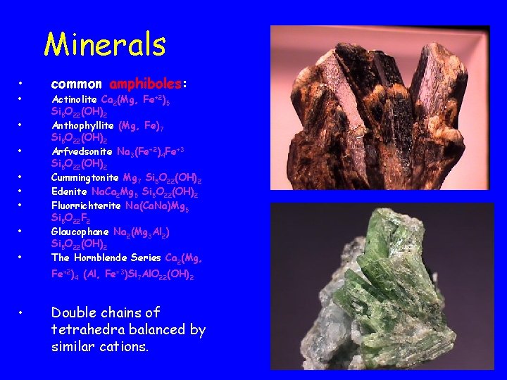 Minerals • • • common amphiboles: Actinolite Ca 2(Mg, Fe+2)5 Si 8 O 22(OH)2