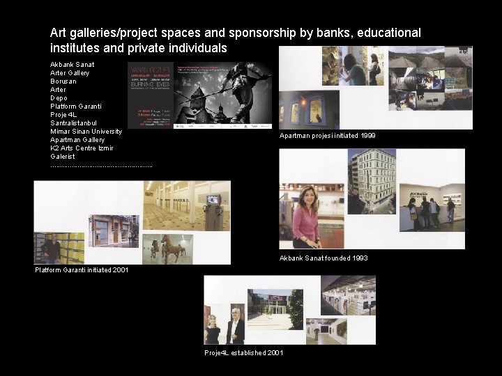 Art galleries/project spaces and sponsorship by banks, educational institutes and private individuals Akbank Sanat