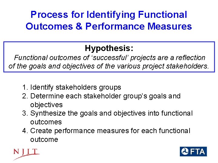 Process for Identifying Functional Outcomes & Performance Measures Hypothesis: Functional outcomes of ‘successful’ projects