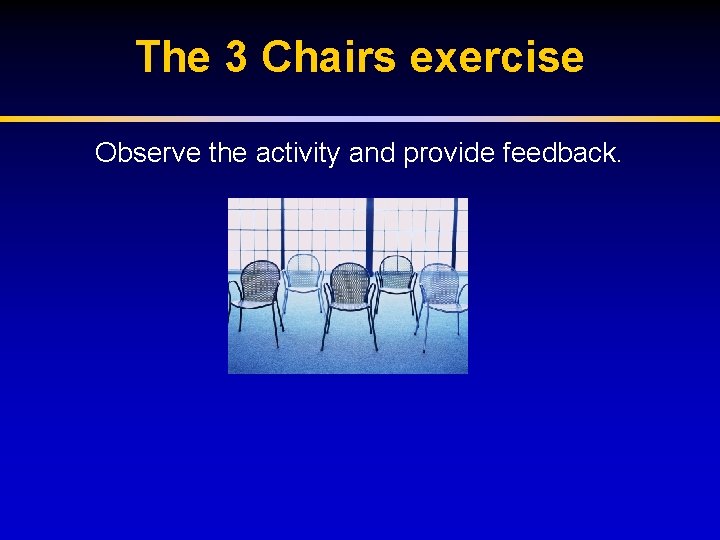 The 3 Chairs exercise Observe the activity and provide feedback. 