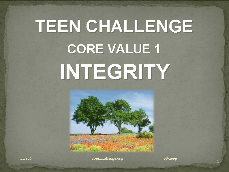 TEEN CHALLENGE CORE VALUE 1 INTEGRITY T 101. 06 iteenchallenge. org 08 -2009 1