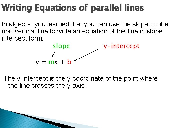 Writing Equations of parallel lines In algebra, you learned that you can use the