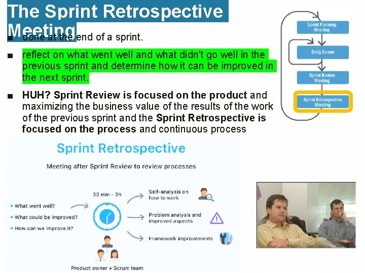 The Sprint Retrospective Meeting ■ done at the end of a sprint. ■ reflect