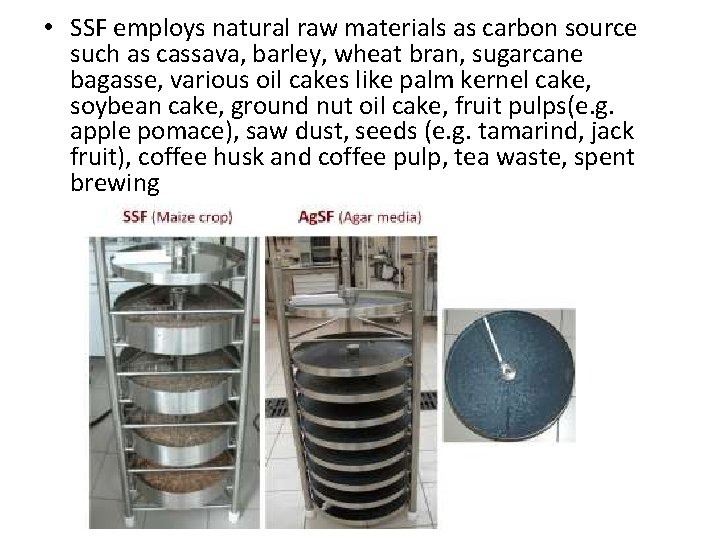  • SSF employs natural raw materials as carbon source such as cassava, barley,
