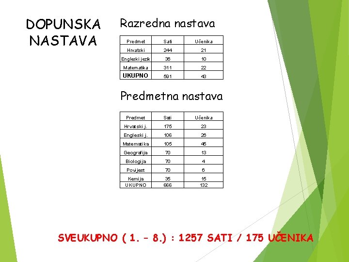 DOPUNSKA NASTAVA Razredna nastava Predmet Sati Učenika Hrvatski 244 21 Engleski jezik 36 10