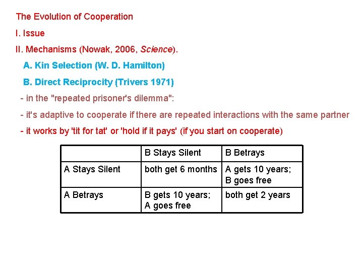 The Evolution of Cooperation I. Issue II. Mechanisms (Nowak, 2006, Science). A. Kin Selection