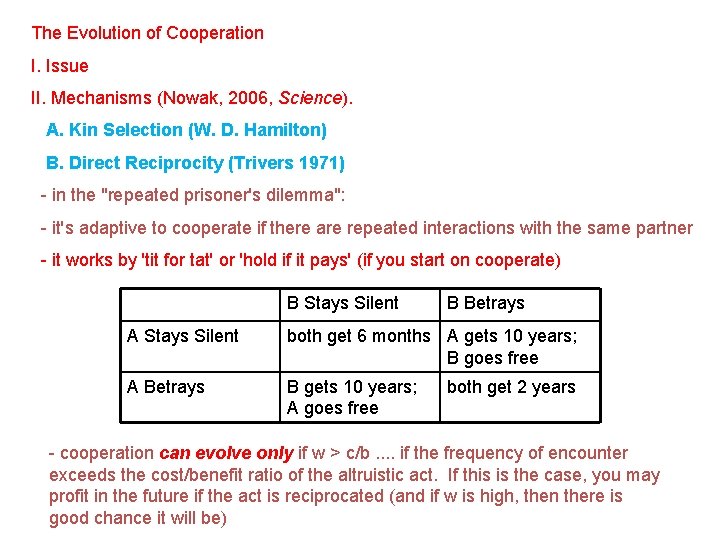 The Evolution of Cooperation I. Issue II. Mechanisms (Nowak, 2006, Science). A. Kin Selection