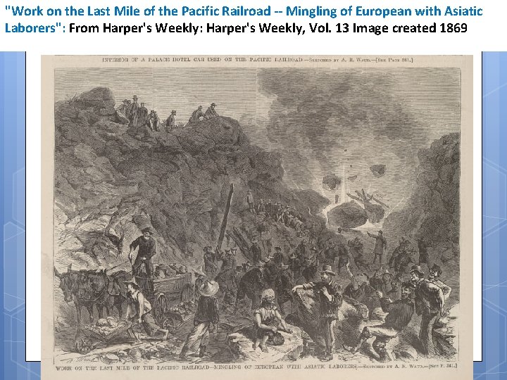 "Work on the Last Mile of the Pacific Railroad -- Mingling of European with