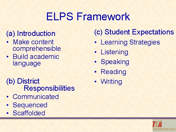 ELPS Framework (a) Introduction (c) Student Expectations • Make content comprehensible • Build academic