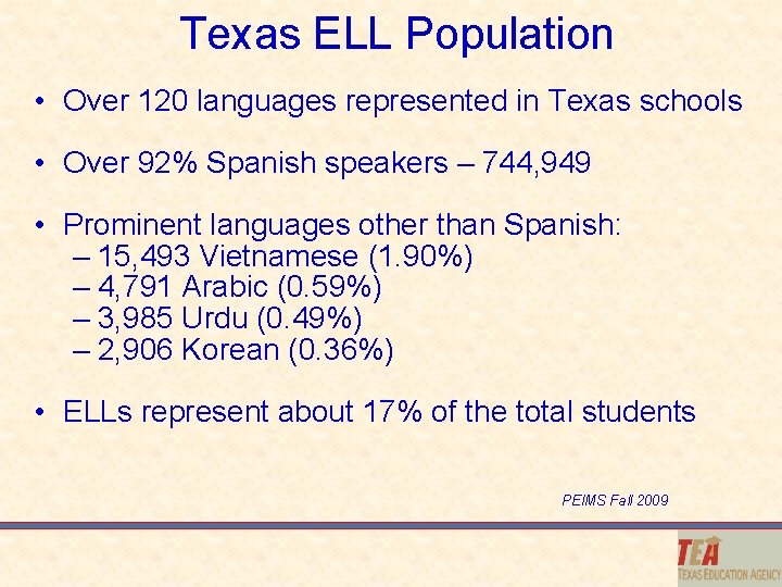 Texas ELL Population • Over 120 languages represented in Texas schools • Over 92%