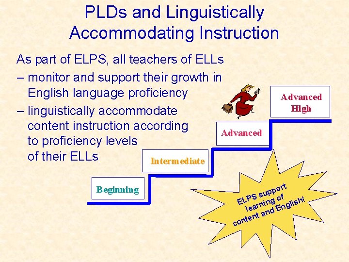 PLDs and Linguistically Accommodating Instruction As part of ELPS, all teachers of ELLs –