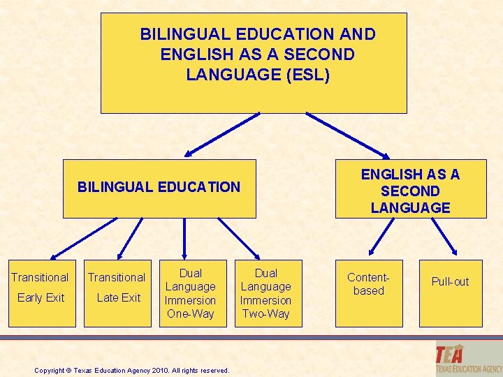 BILINGUAL EDUCATION AND ENGLISH AS A SECOND LANGUAGE (ESL) BILINGUAL EDUCATION Transitional Early Exit