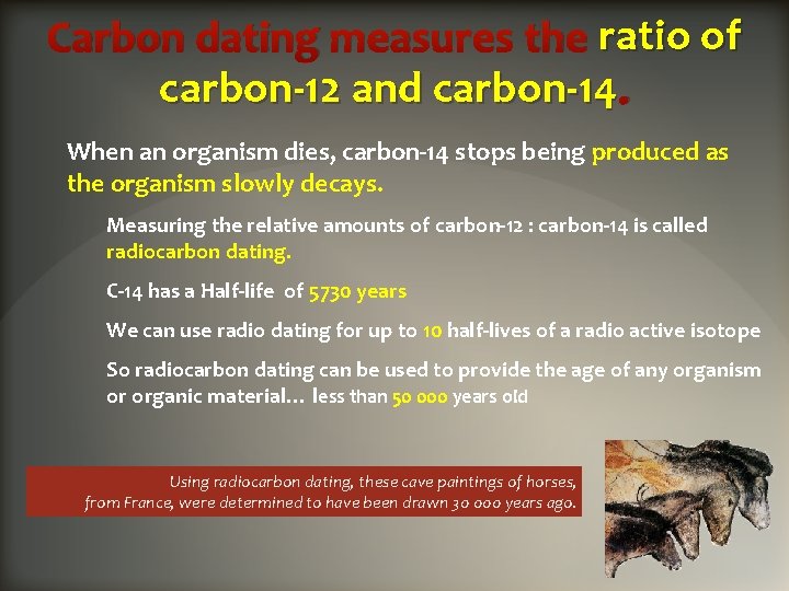 Carbon dating measures the ratio of carbon-12 and carbon-14. When an organism dies, carbon-14