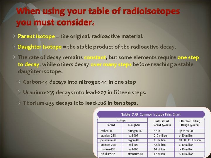 When using your table of radioisotopes you must consider: Parent isotope = the original,