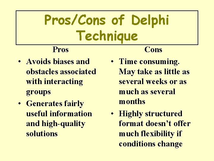 Pros/Cons of Delphi Technique Pros • Avoids biases and obstacles associated with interacting groups