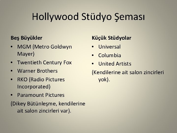 Hollywood Stüdyo Şeması Beş Büyükler • MGM (Metro Goldwyn Mayer) • Twentieth Century Fox