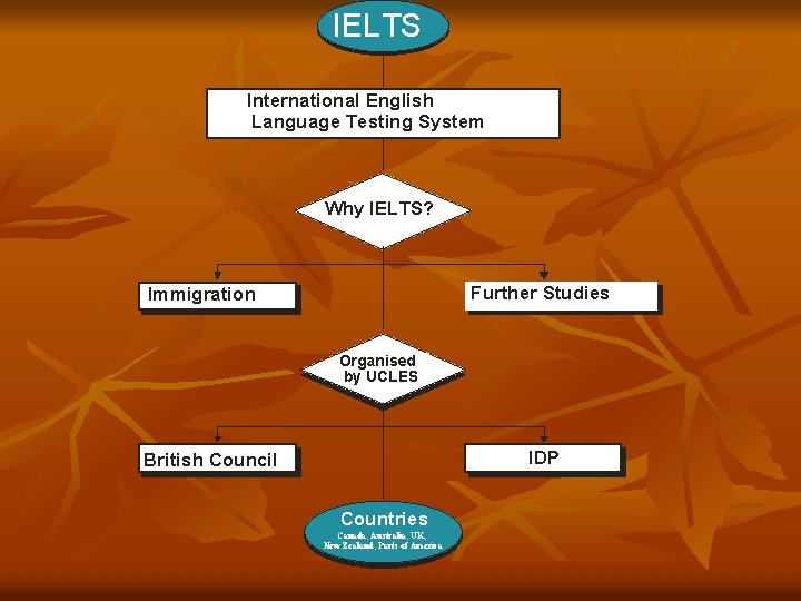 IELTS International English Language Testing System Why IELTS? Further Studies Immigration Organised by UCLES