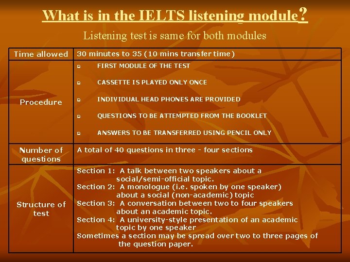 What is in the IELTS listening module? Listening test is same for both modules