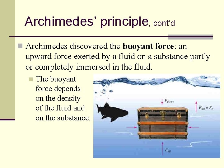 Archimedes’ principle, cont’d n Archimedes discovered the buoyant force: an upward force exerted by