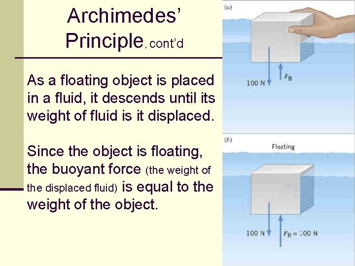 Archimedes’ Principle, cont’d As a floating object is placed in a fluid, it descends