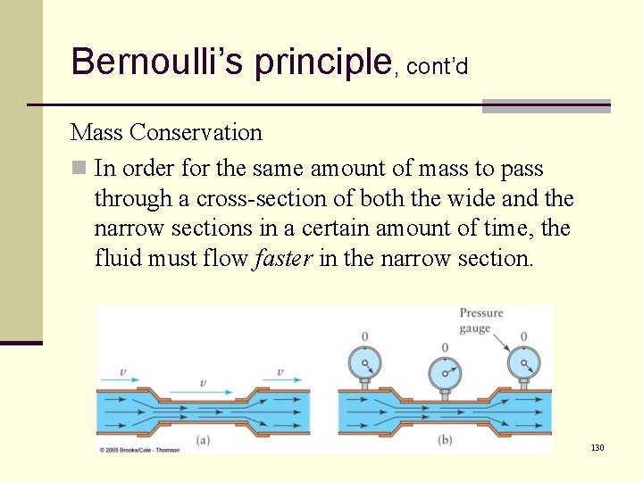 Bernoulli’s principle, cont’d Mass Conservation n In order for the same amount of mass