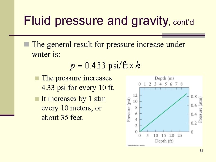 Fluid pressure and gravity, cont’d n The general result for pressure increase under water
