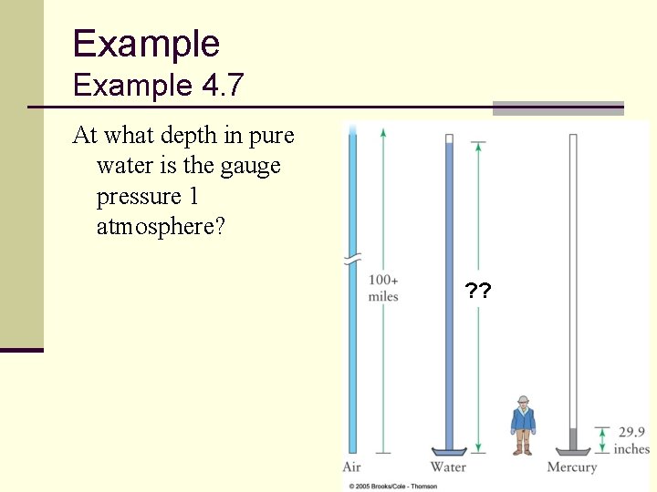 Example 4. 7 At what depth in pure water is the gauge pressure 1