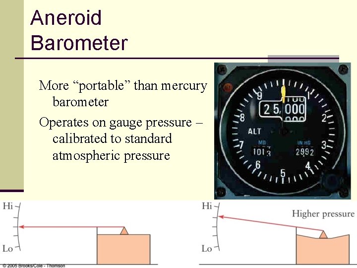 Aneroid Barometer More “portable” than mercury barometer Operates on gauge pressure – calibrated to
