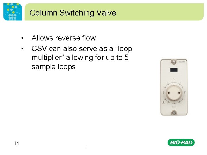 Column Switching Valve • • 11 Allows reverse flow CSV can also serve as
