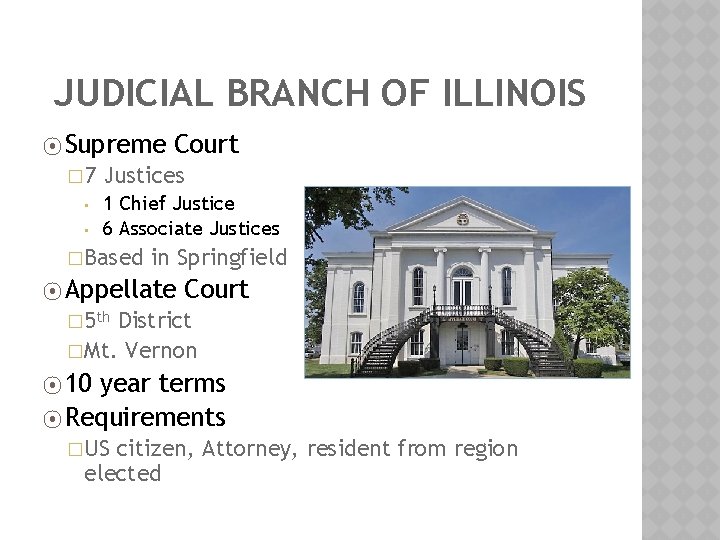 JUDICIAL BRANCH OF ILLINOIS ⦿ Supreme � 7 • • Court Justices 1 Chief