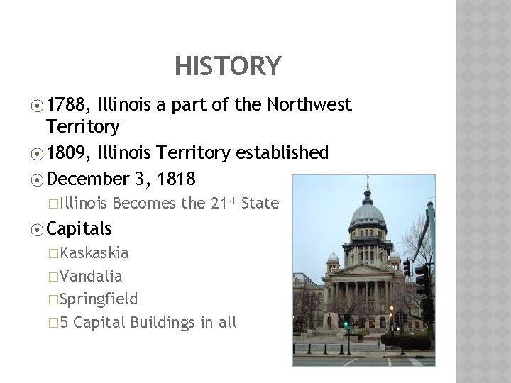 HISTORY ⦿ 1788, Illinois a part of the Northwest Territory ⦿ 1809, Illinois Territory
