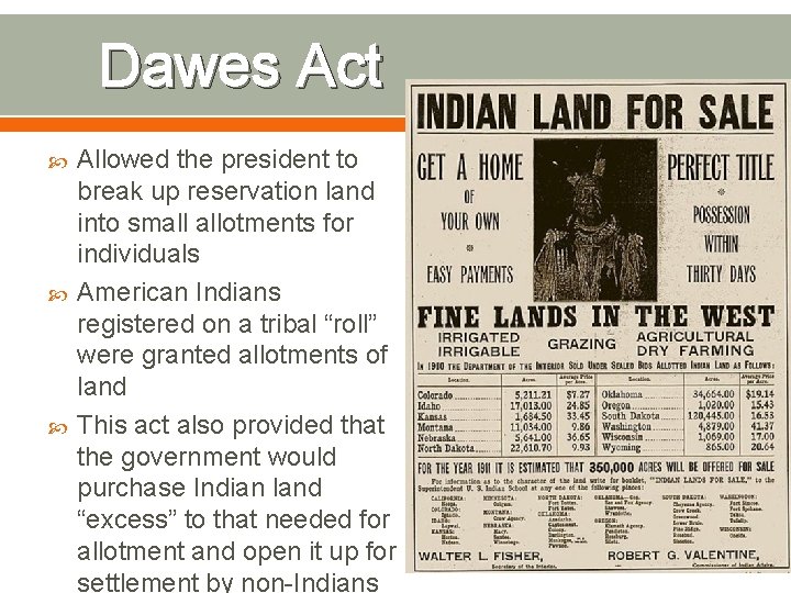 Dawes Act Allowed the president to break up reservation land into small allotments for