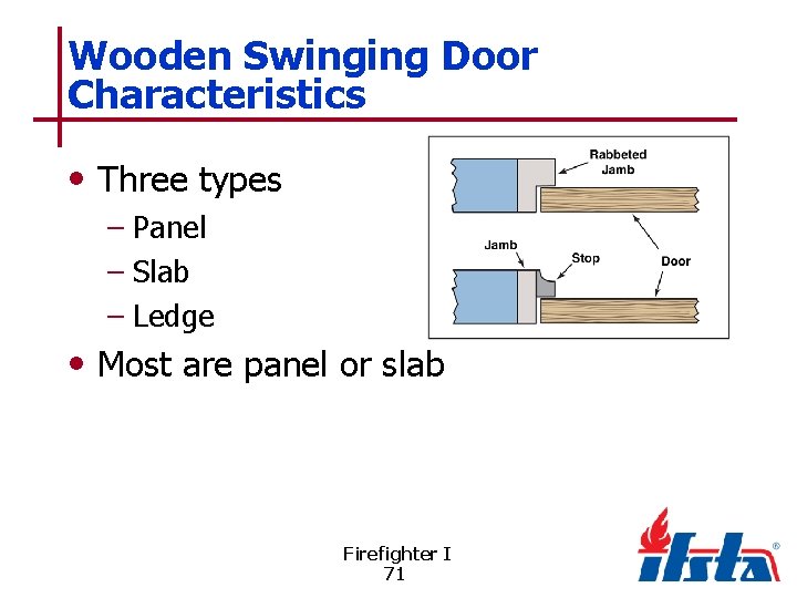 Wooden Swinging Door Characteristics • Three types – Panel – Slab – Ledge •