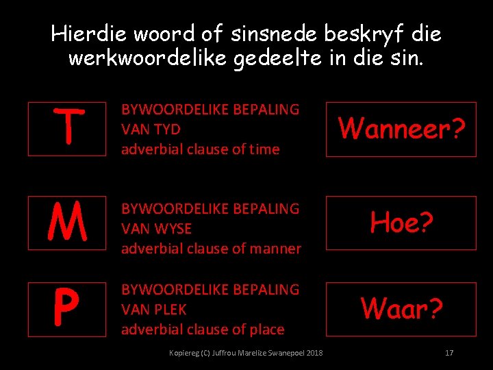 Hierdie woord of sinsnede beskryf die werkwoordelike gedeelte in die sin. T BYWOORDELIKE BEPALING