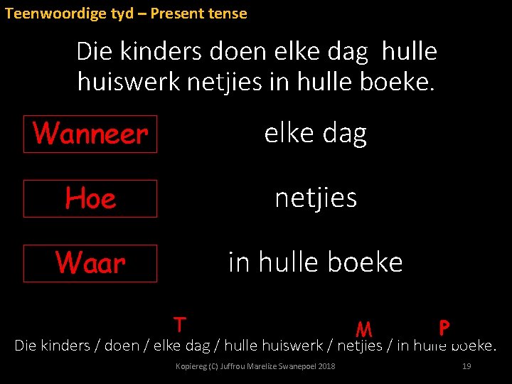 Teenwoordige tyd – Present tense Die kinders doen elke dag hulle huiswerk netjies in